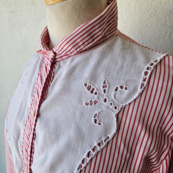 Vintage 80s 90s Oak Hill Red White Striped Eyelet Lace Western Cottage Shirt L - Picture 3 of 8